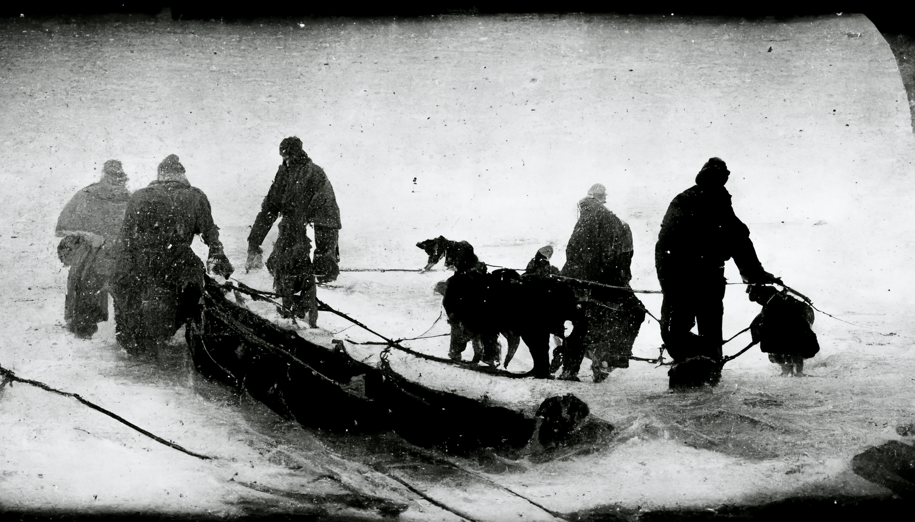Antarctica 11 Prompt: a dramatic old grainy black and white photo where Antarctic explorers are leaving the ice-bound ship Endurance with their dogs, sleds, and supplies
