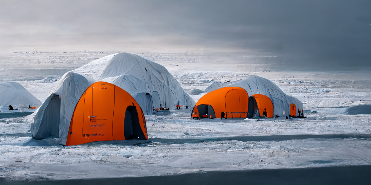 Antarctica 2-1 Prompt: orange arctic expedition tents set up in the tundra Antarctica icebergs dramatic