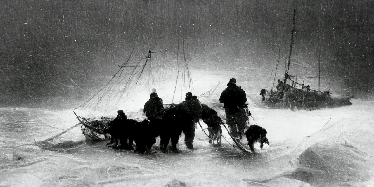 Antarctica 2-6 Prompt: an old grainy black and white photo of an arctic expedition team dogsled team abandoning their ship the Endurance in the ice storm cold freezing frozen dramatic